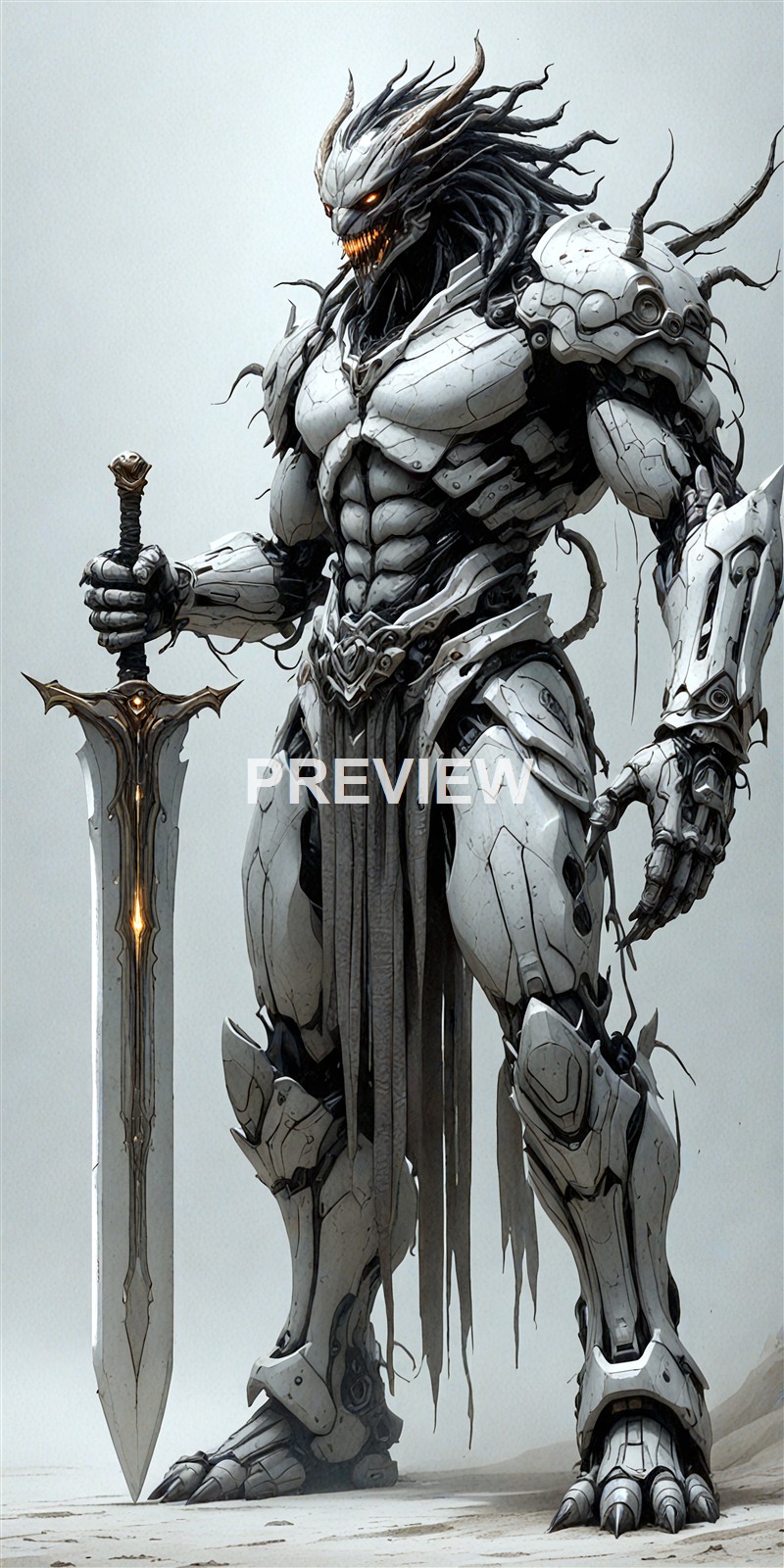 A formidable humanoid robot with a muscular build, clad in white armor with black accents, holding a large sword, and featuring a menacing face with glowing eyes and sharp teeth.